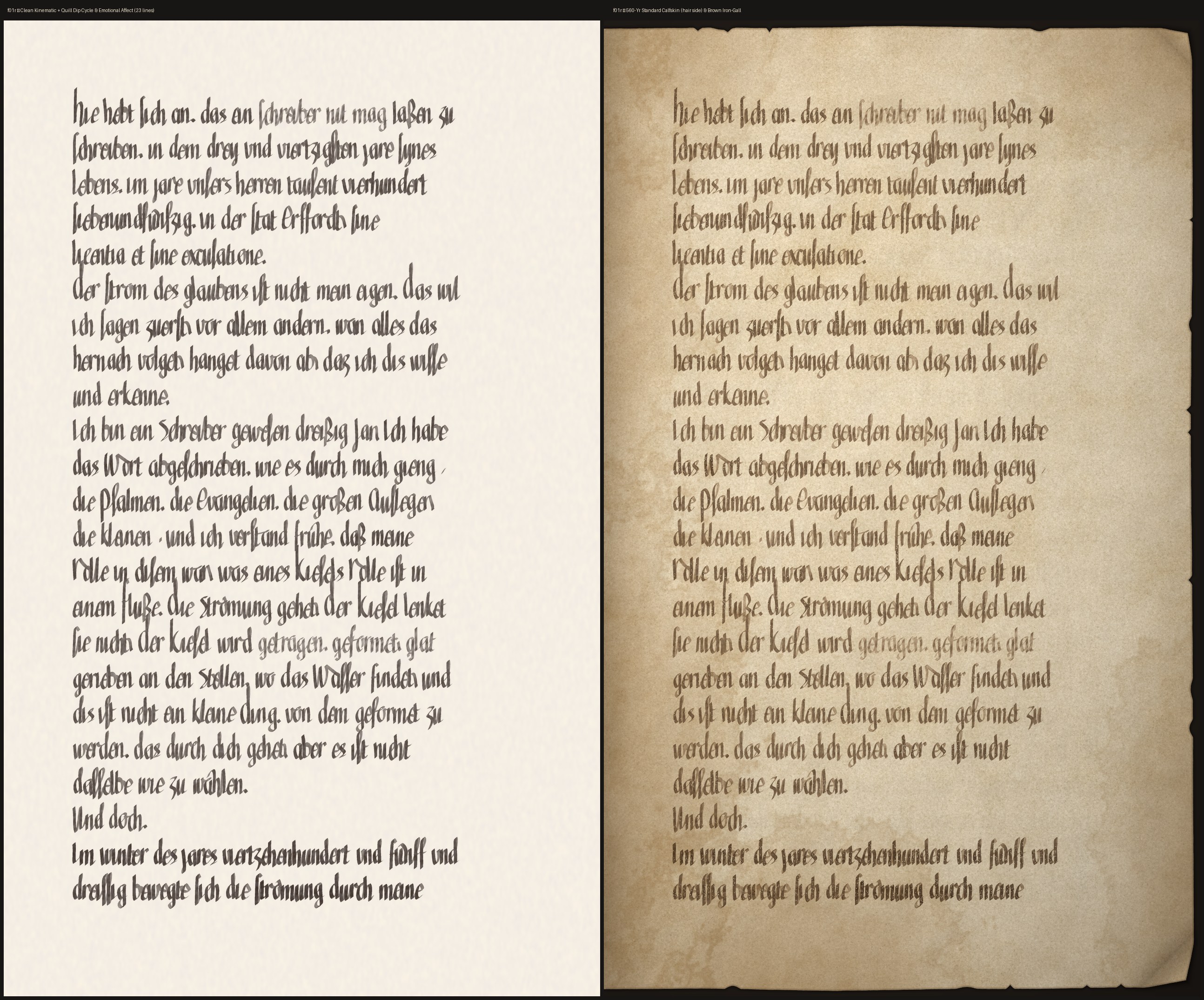 Folio 1r side by side: the clean render on the left, the weathered leaf on the right.