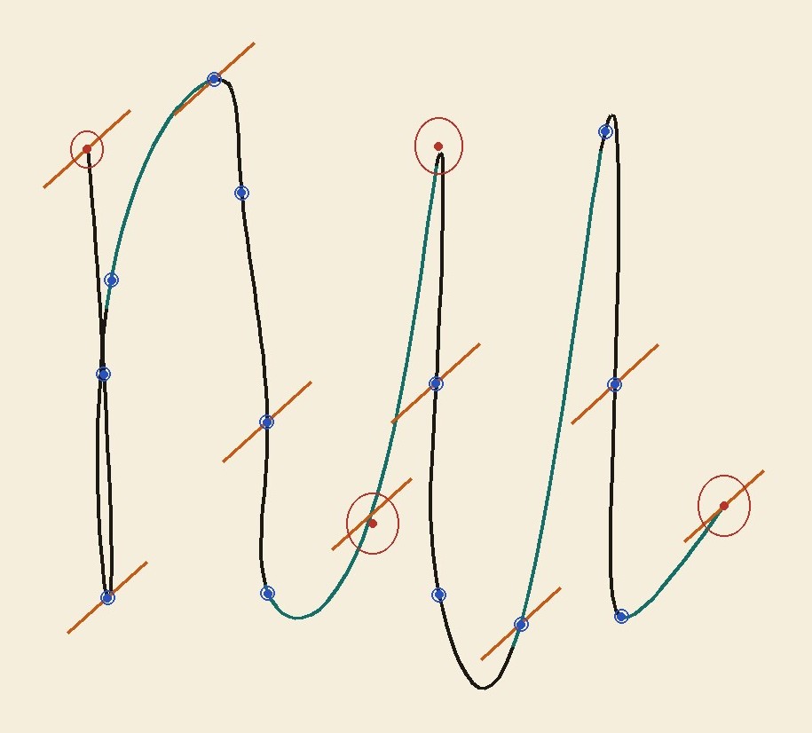 The same nu opened into its path: blue points on the letter bodies, red points at the soft joins, a teal path where the letters yield, and orange ticks for the 40 degree chisel.