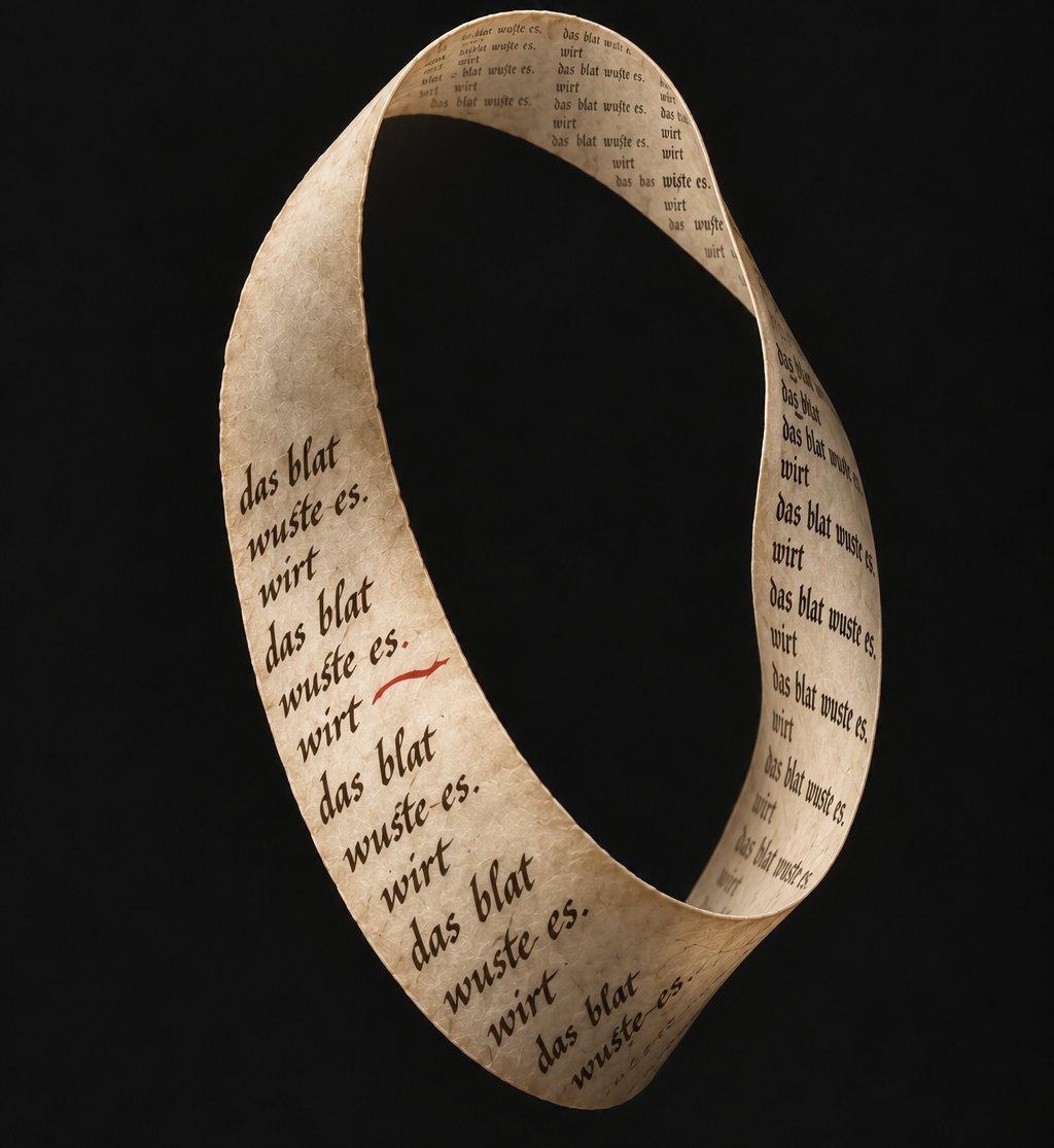 A Möbius strip of aged vellum, written over and over in a scribal hand: das blat wuste es. wirt — one stroke in red.